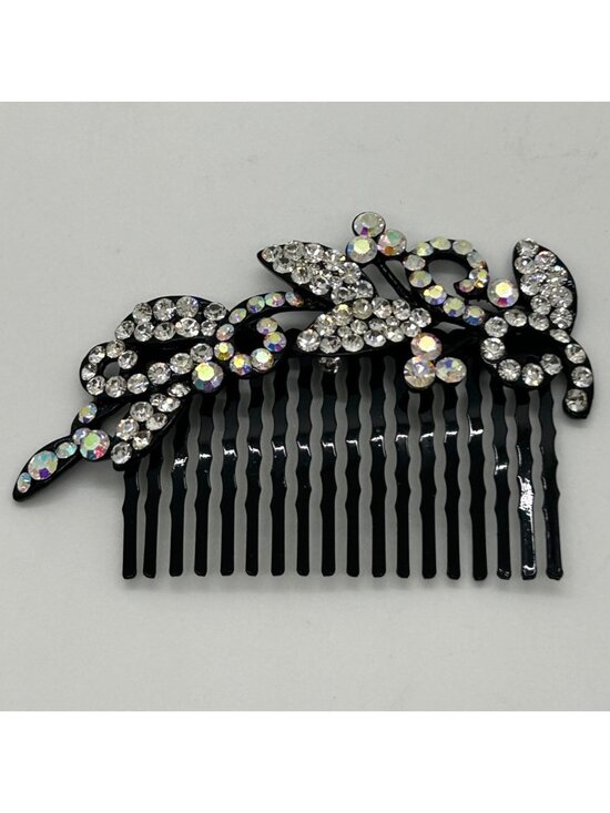 Estate Jewelry - Rhinestone Crystal Floral Hair Comb Bride Wedding Formal Party Prom Black Metal